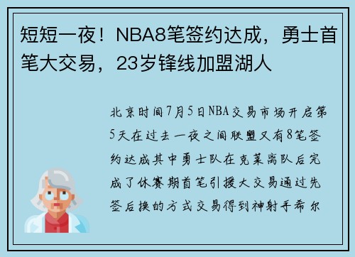 短短一夜！NBA8笔签约达成，勇士首笔大交易，23岁锋线加盟湖人